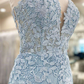 Light Blue Appliques Plunge V Backless Short Homecoming Dress gh1244