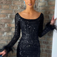 White Sequin Square Neck Long Sleeve Feather Short Party Dress  gh1254