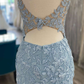 Light Blue Appliques Plunge V Backless Short Homecoming Dress gh1244
