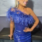 One-Shoulder Light Blue Sequins Feather Mini Homecoming Dress gh1446