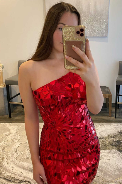 Red Glass Mirror One Shoulder Sequin Tight Homecoming Dress gh1775