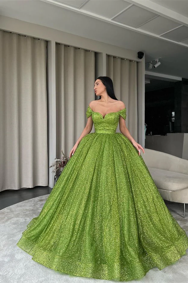 Elegant Off-the-Shoulder Green A-line Sequined Prom Dress gh1860