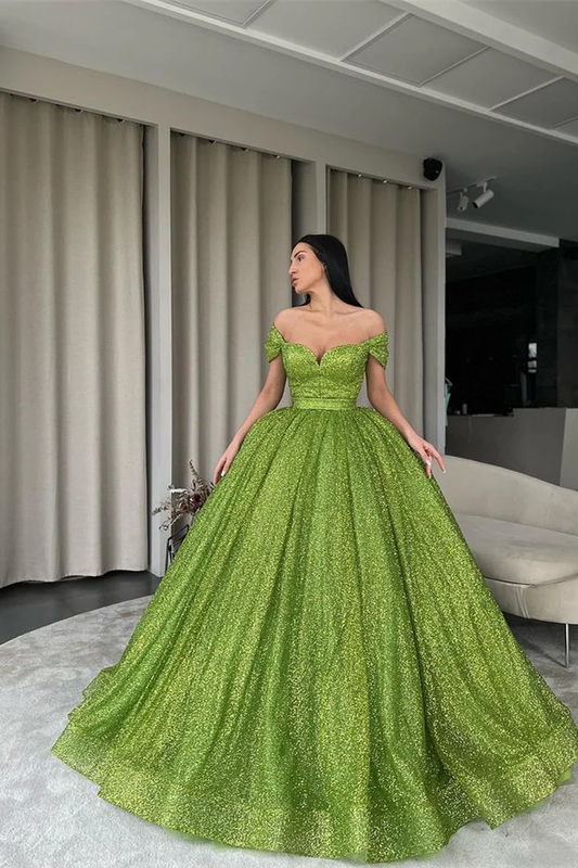 Elegant Off-the-Shoulder Green A-line Sequined Prom Dress gh1860