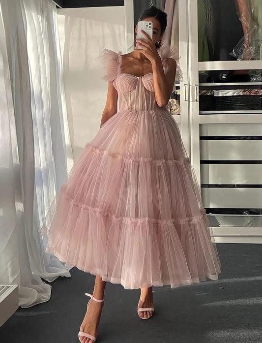 Ruffled Sleeves Tulle Dress, Tiered Ruffled A-line Skirt, Bridesmaid Party Dress, Graduation Dress, Wedding Party Dress, Tulle Corset Dress gh1825