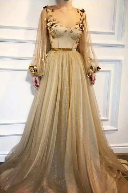 Chic A-line Scoop Floor Length Long Sleeves Applique Long Tulle Prom Dresses Evening Dresses  gh1836