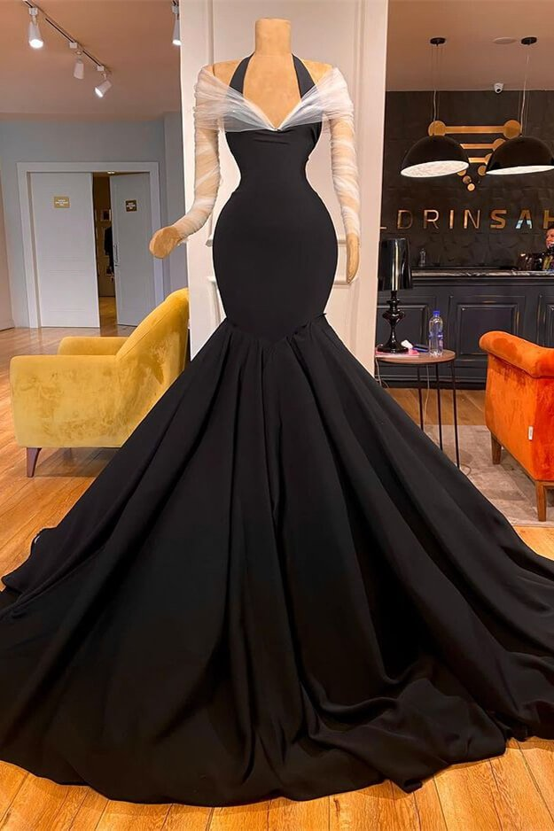 Schickes schwarzes Neckholder-Meerjungfrau-Abendkleid mit durchsichtigen langen Ärmeln gh1796