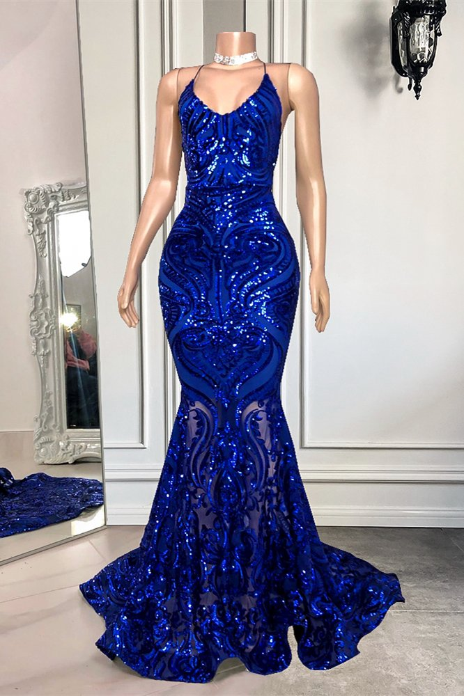 Spaghetti-Straps Royal Blue Long Mermaid Prom Dress With Sequins | Ballbellas gh1795