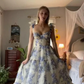 Blue white beautiful charming floral print sweetheart neckline A-line long chiffon ball gown evening dress wedding holiday party dress gh1790