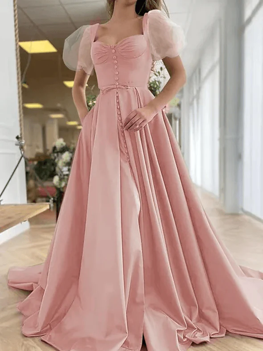 A-Line Elegant Vintage Engagement Prom Dress Scoop Neck Short Sleeve Sweep / Brush Train Satin with Pleats Split  gh1841