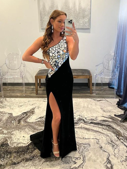 One Shoulder Black Mermaid Rhinestone Prom Dresses  gh1802