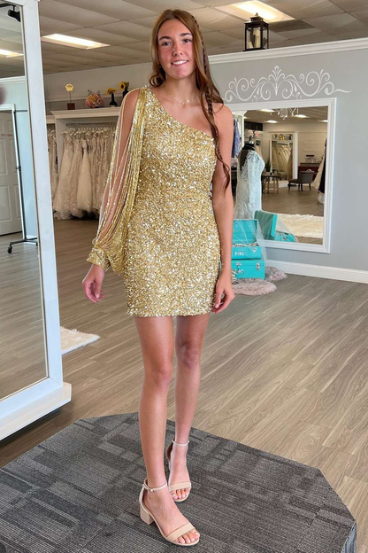 Gold Sequin One-Sleeve Short Homecoming Dress  gh1782