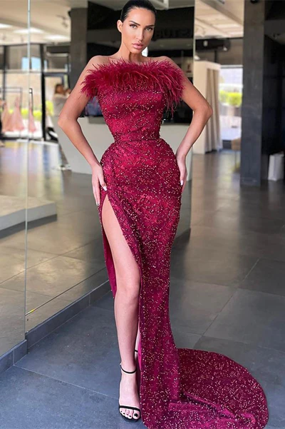 Burgundy off the shoulder mermaid long evening gown ball gown with slits sequins beads feathers gh186