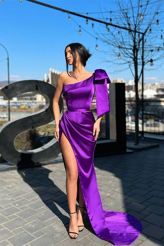 Gorgeous One Shoulder Purple evening Dress Mermaid Long With Split  gh1907