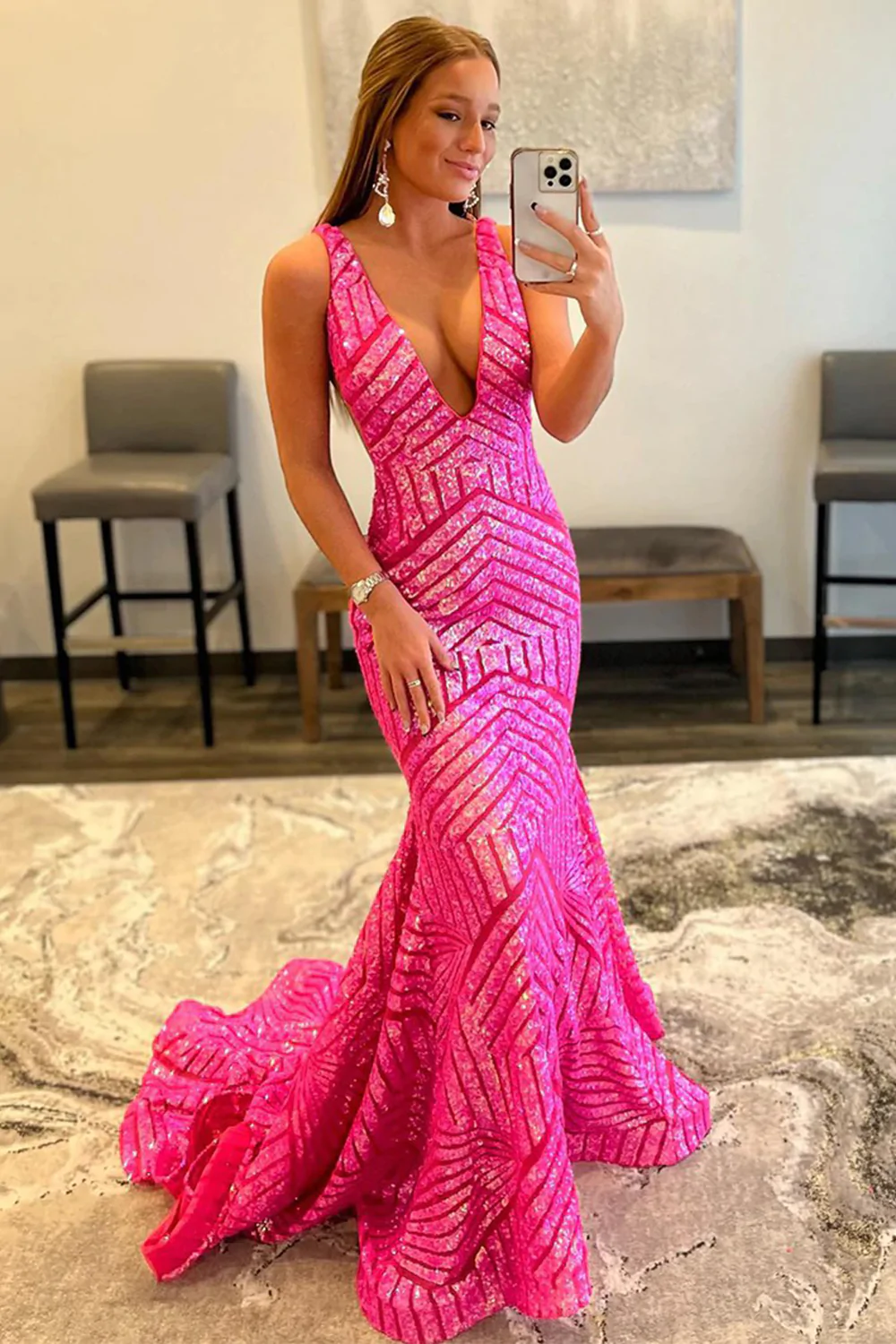 Deep V Neck Sequin Mermaid Prom Dress  gh1853