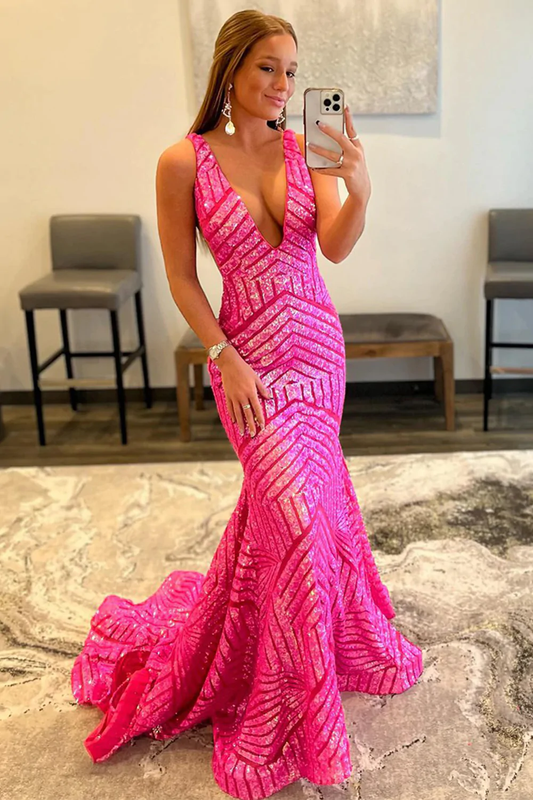 Deep V Neck Sequin Mermaid Prom Dress  gh1853
