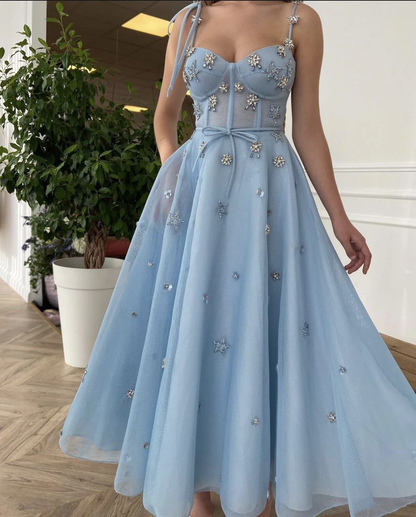 Light Blue A-Line Prom Dresses Spaghetti Straps Long Evening Formal Gown  gh1829