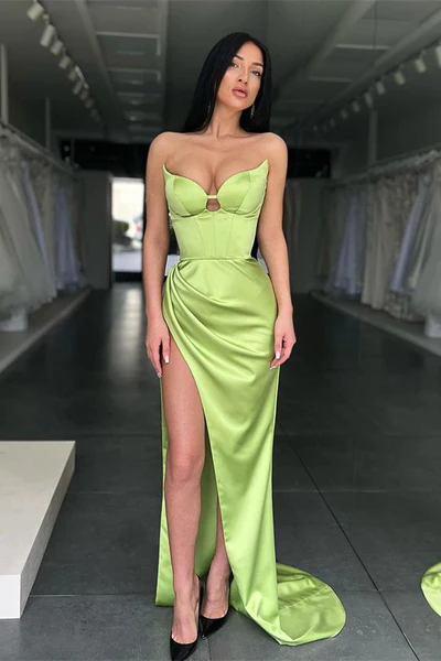 SAGE GREEN SWEETHEART MERMAID EVENING DRESS SLEEVELESS WITH SLIT  gh1863