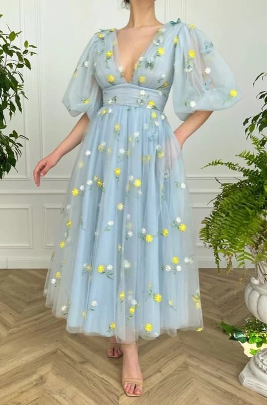 Robe en tulle fleuri bleu, robe de bal en tulle, robe de bal à manches bouffantes à col en V, robe de mariée, robe de demoiselle d'honneur, robe de princesse en maille gh1823