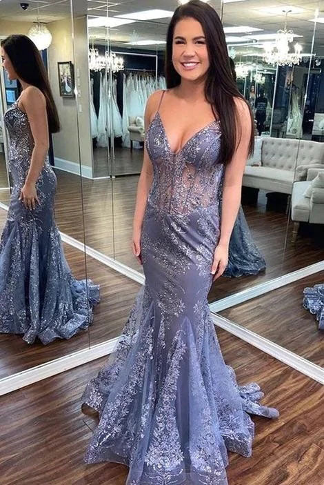 Spaghetti Straps Lace Appliques V Neck See Through Mermaid Long Prom Dresses gh1812