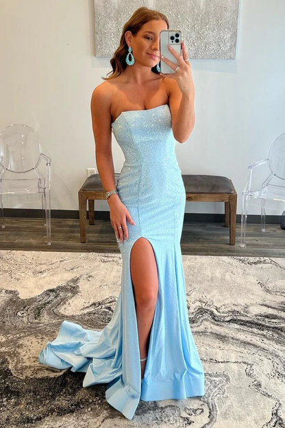 Light Blue Strapless Sequins Mermaid Evening Gown With Split Long Prom Dress  gh1847