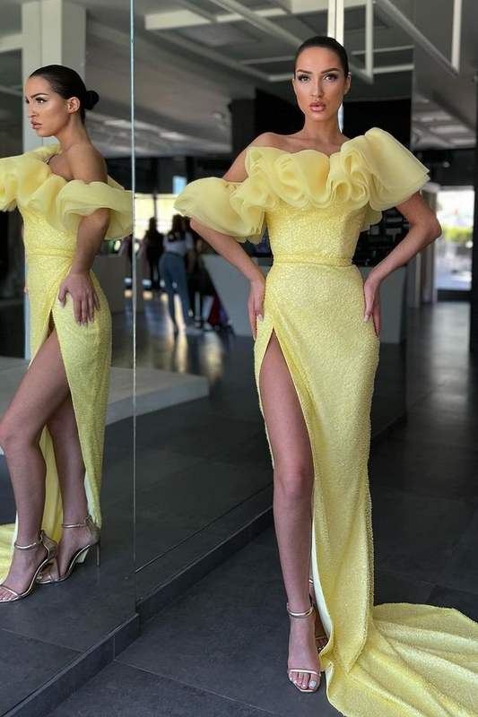 Stunning Daffodil Off-the-Shoulder Mermaid Prom Dress Long Split Sequins  gh1906