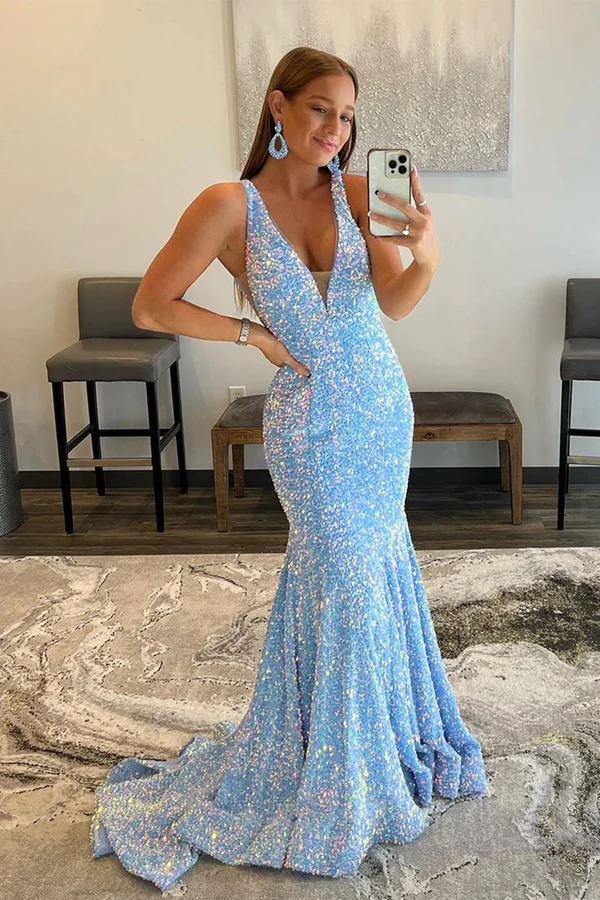 Blue Sequins Mermaid Prom Dress  gh1800