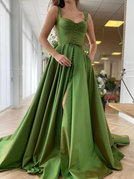 A-Line/Princess Sweep/Brush Train Straps Sleeveless Satin Ruffles Dresses  gh1838