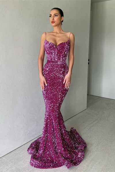 SPARKLE PURPLE SPAGHETTI STRAP SEQUIN MERMAID LONG PROM DRESSES  gh1866