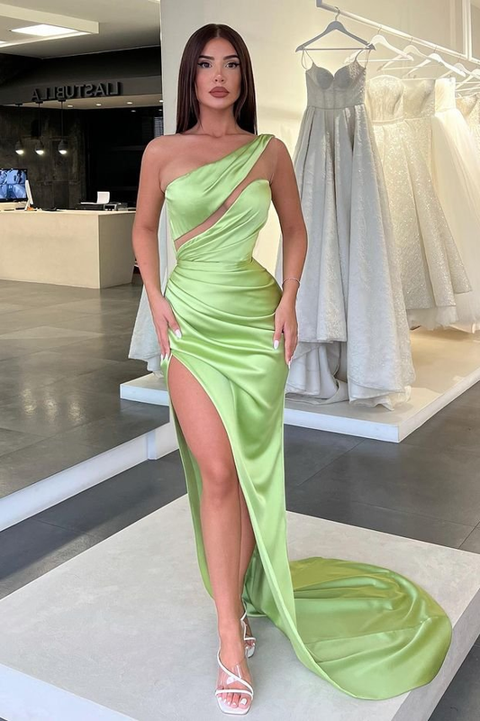 Light Green One-Shoulder Long Sleeveless Slit Evening Dress gh1905