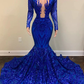 Long Sleeves Sequined Prom Dresses Mermaid Royal Blue for Black Girls Celebrity Sexy African Formal Evening Gowns  gh1793