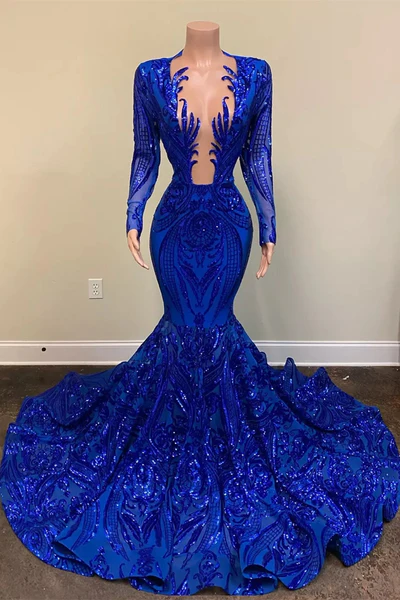 Long Sleeves Sequined Prom Dresses Mermaid Royal Blue for Black Girls Celebrity Sexy African Formal Evening Gowns  gh1793