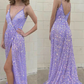 Purple glitter v-neck spaghetti straps long elegant sequin train prom evening gown party dress gh1801