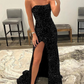 Black Sequin Sparkly Mermaid Strapless Elegant Formal Long Prom Dresses, Evening Dress   gh1856