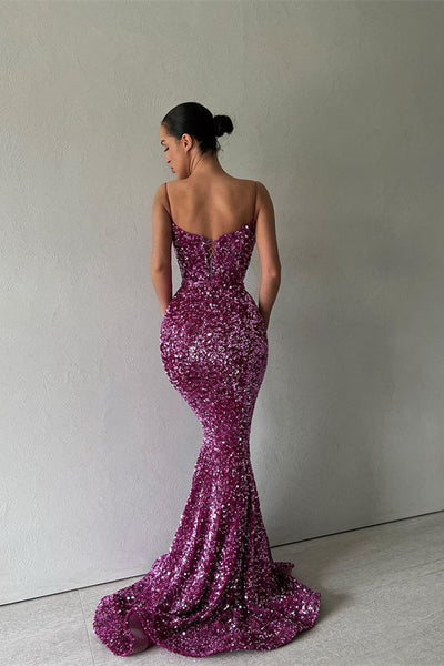 SPARKLE PURPLE SPAGHETTI STRAP SEQUIN MERMAID LONG PROM DRESSES  gh1866
