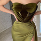Elegant Green Strapless Sleeveless Mermaid Satin Prom Dresses with Slit gh1858