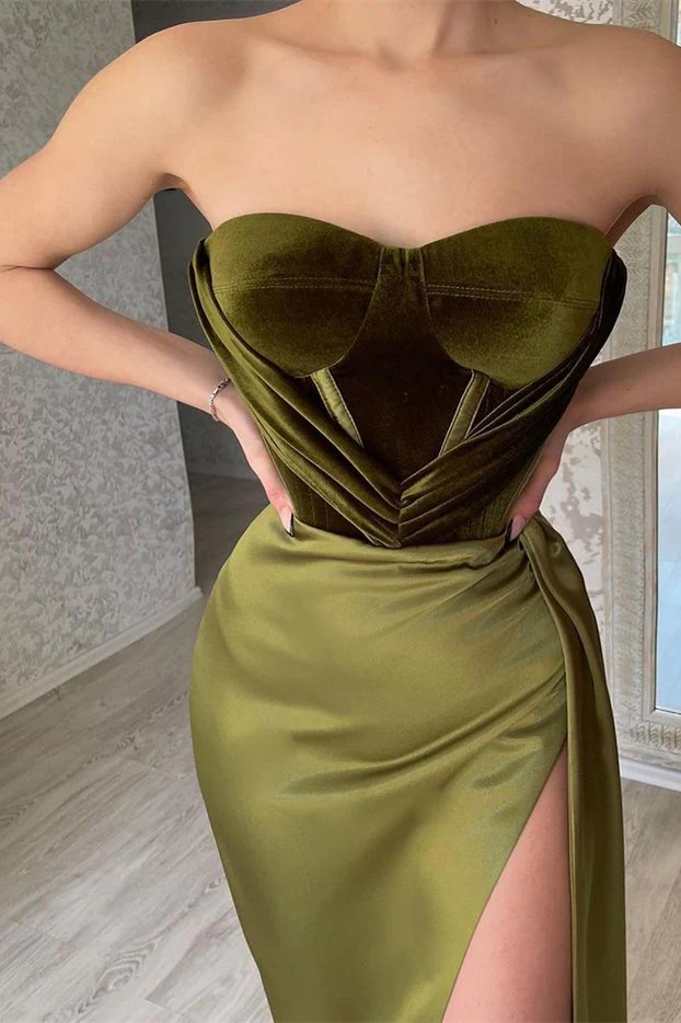 Elegant Green Strapless Sleeveless Mermaid Satin Prom Dresses with Slit gh1858