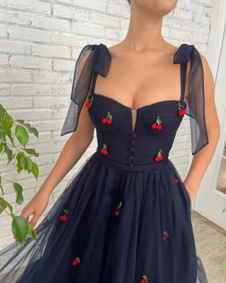 Cherry Spaghetti Straps Dress Starry Mesh Dress Homecoming dress  gh1831