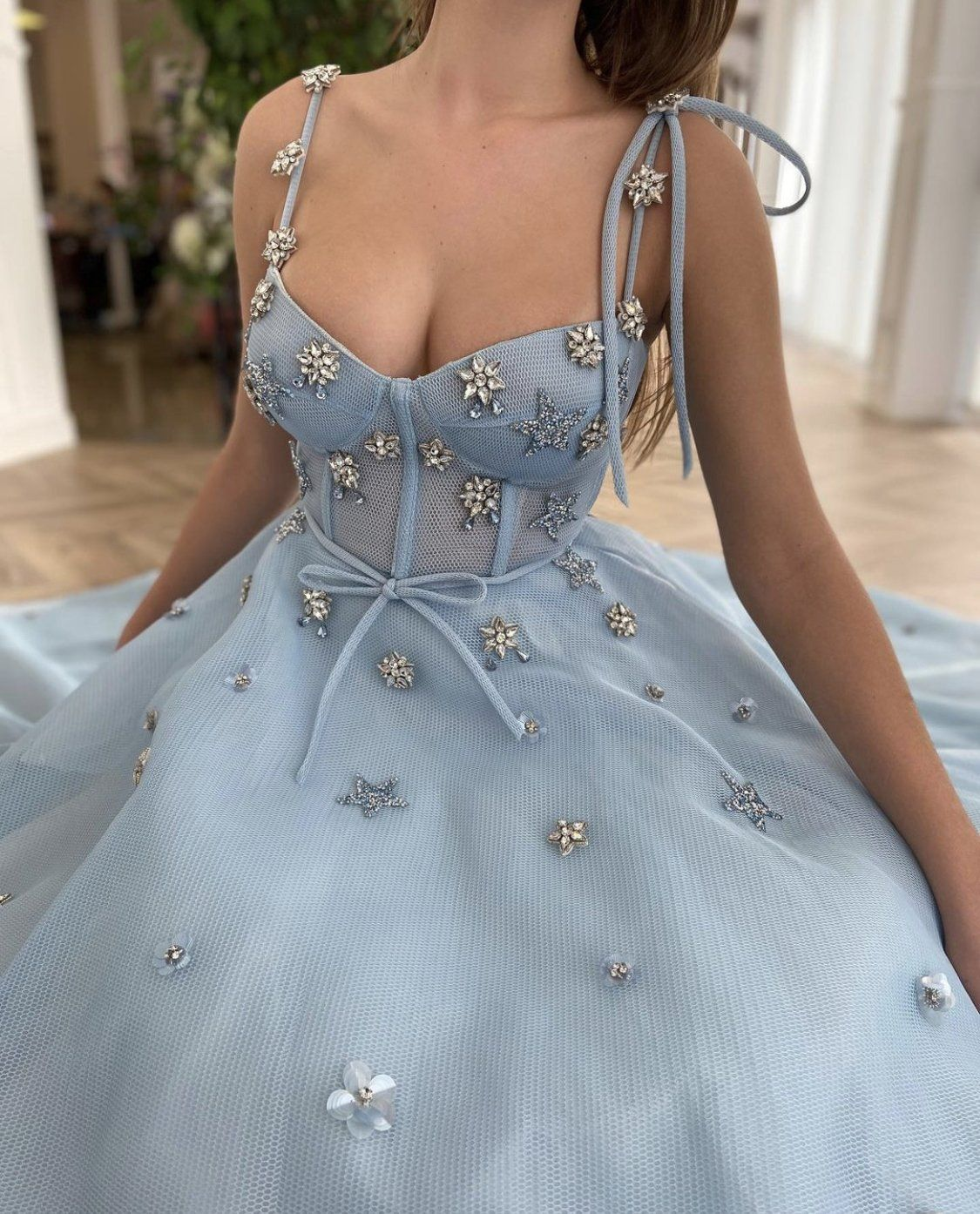 Light Blue A-Line Prom Dresses Spaghetti Straps Long Evening Formal Gown  gh1829