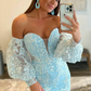Light Blue Lace Strapless Puff Sleeve Long Prom Dress gh1806