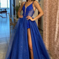 Shiny V Neck Blue Lace Long Prom Dress with High Slit, Sparkly Formal Dress gh1813