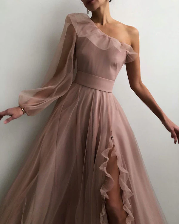 Charming One-Shoulder A-Line Sexy Slit Sleeves Prom Dresses  gh1840