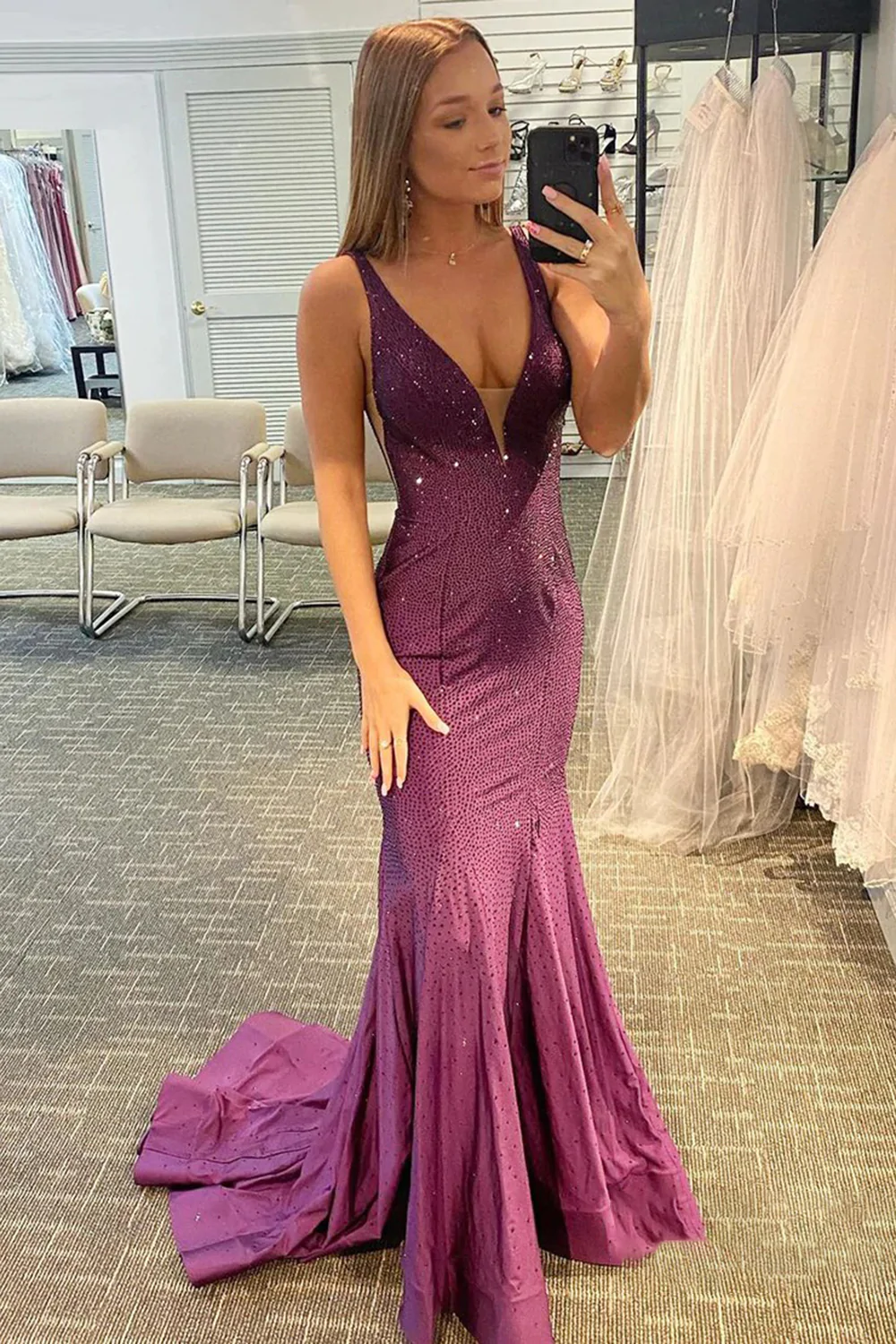 Beading V-neck Purple Mermaid Prom Dress  gh1852