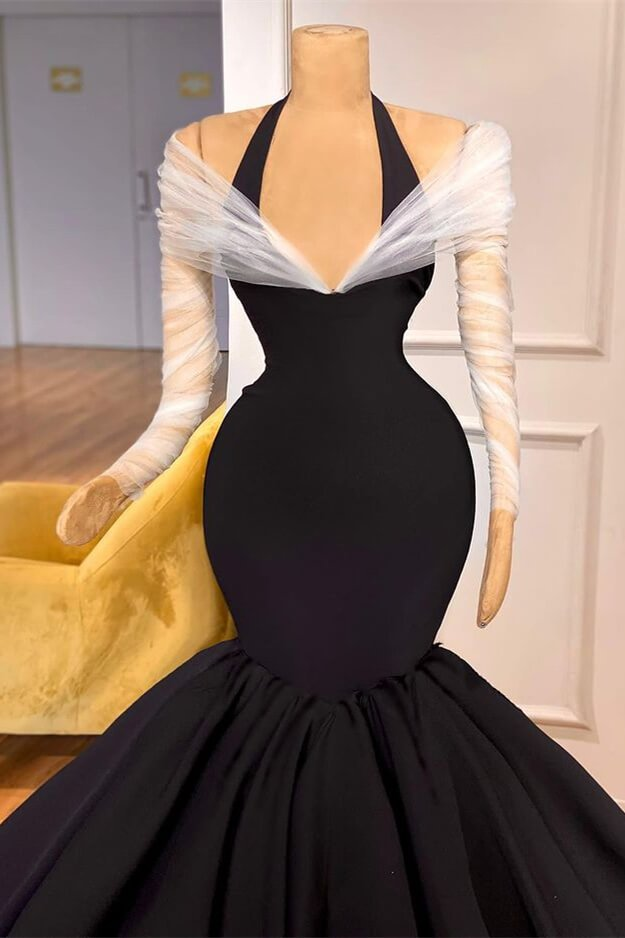 Chic Black Halter Mermaid Evening Dress With Sheer Long Sleeves gh1796