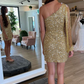 Gold Sequin One-Sleeve Short Homecoming Dress  gh1782