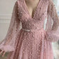 Pink tulle long A line prom dress pink evening dress  gh1843