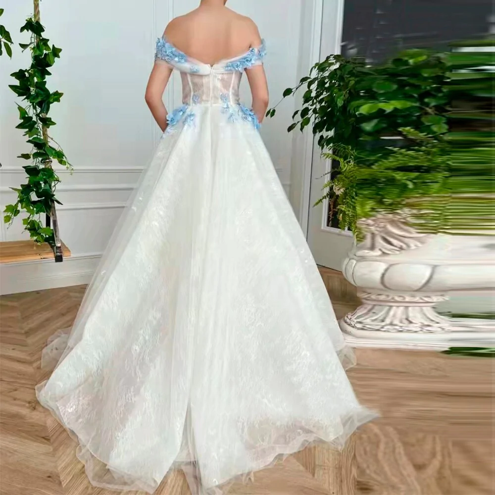 Robe de soirée longue élégante à épaules dénudées avec fleur bleue en 3D, longueur au sol gh1817