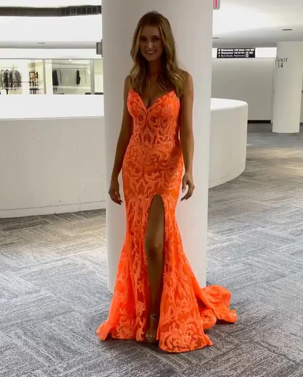 Einzigartiges Abendkleid in Orange mit Meerjungfrau-Spitze und V-Ausschnitt, formelles Kleid gh1877