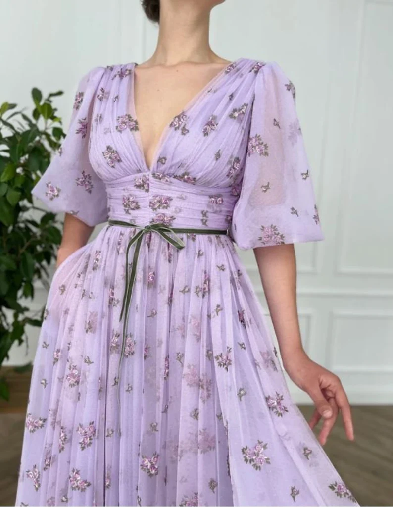 Robe de bal en tulle lavande, col en V, manches bouffantes, robe de mariée, robe de demoiselle d'honneur, robe de princesse gh1822