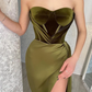 Elegant Green Strapless Sleeveless Mermaid Satin Prom Dresses with Slit gh1858