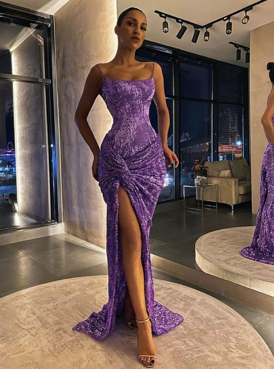 Spaghetti Long Mermaid Purple Sequin Prom Dresses, High Slit Prom Dresses, Long Prom Dresses gh1895